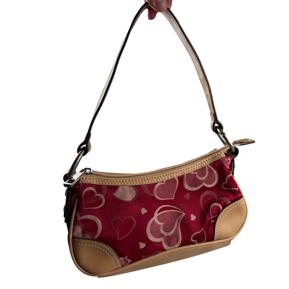Y2K Magenta Red Heart Jacquard Baguette Shoulder Bag Tan Trim Petite Purse Bratz